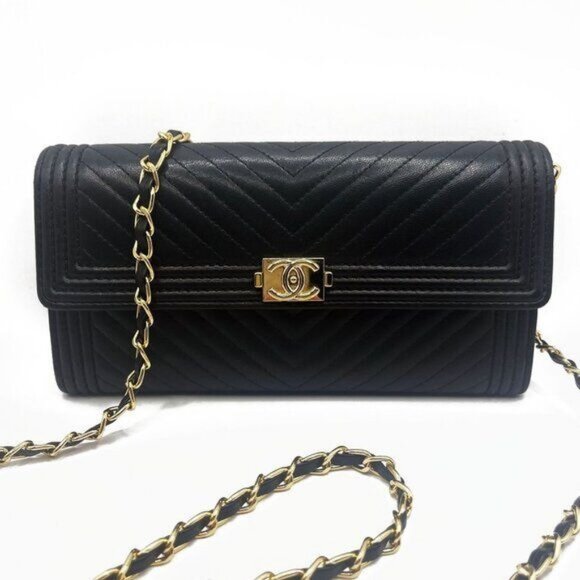 Authentic CHANEL Boy CC Chevron Flap Caviar Wallet Chain Shoulder Crossbody - Picture 1 of 11